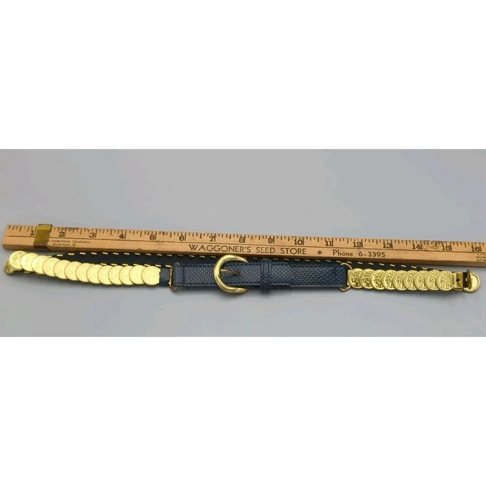 VTG 80s Gold Roman Coin Belt Snake Embossed Vinyl‎ Navy Chain Womens Size Small